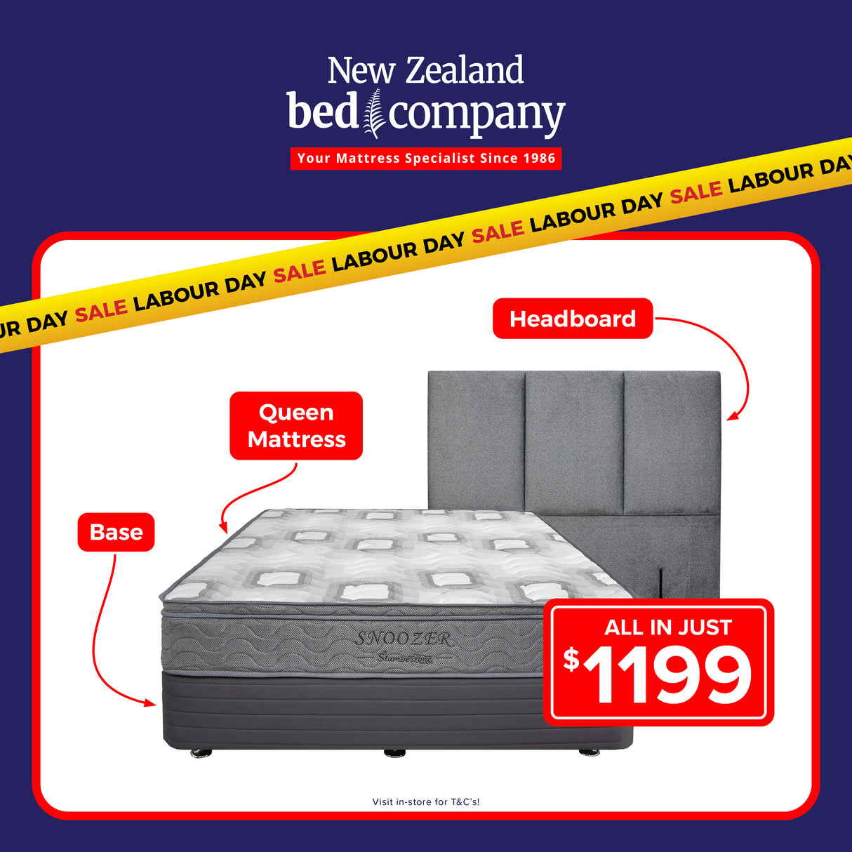 Snoozer Mattress + Base + Headboard