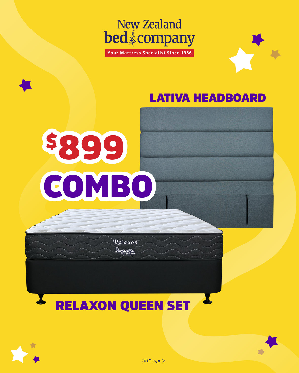 Relaxon Queen Mattress and Base Set and Lativa Headboard (Mattress In Box)