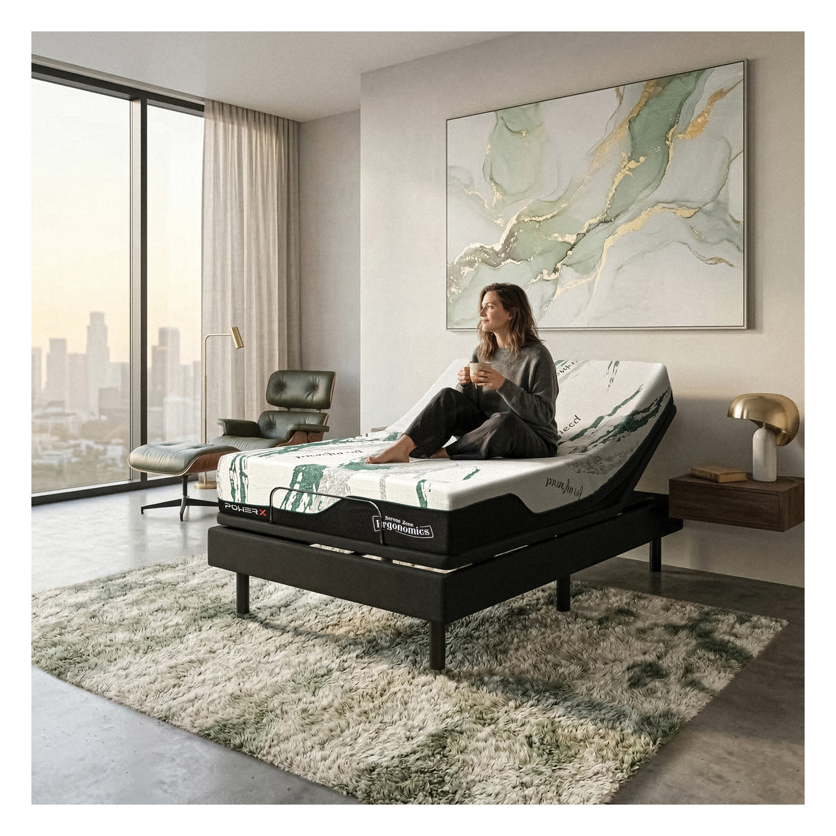 Woman sitting on adjustable Ergonomic mattress in a modern bedroom with large windows and a cityscape view.