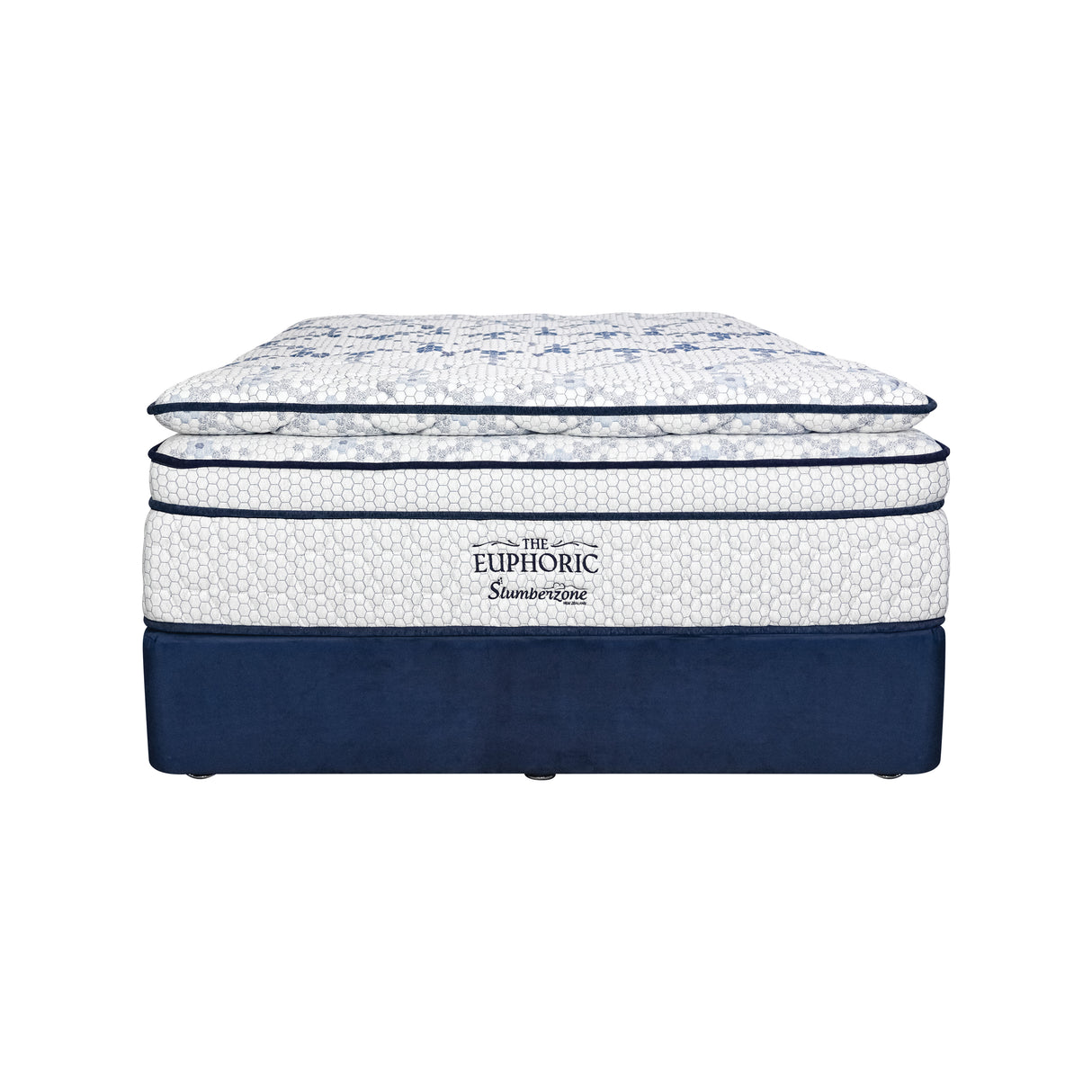 Blue and white mattress with 'The Euphoric' brand on a white background