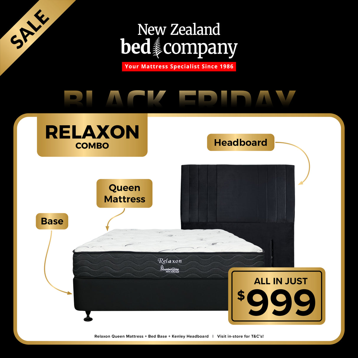 Relaxon Combo: Mattress, Base and Kenley Headboard - All In 999
