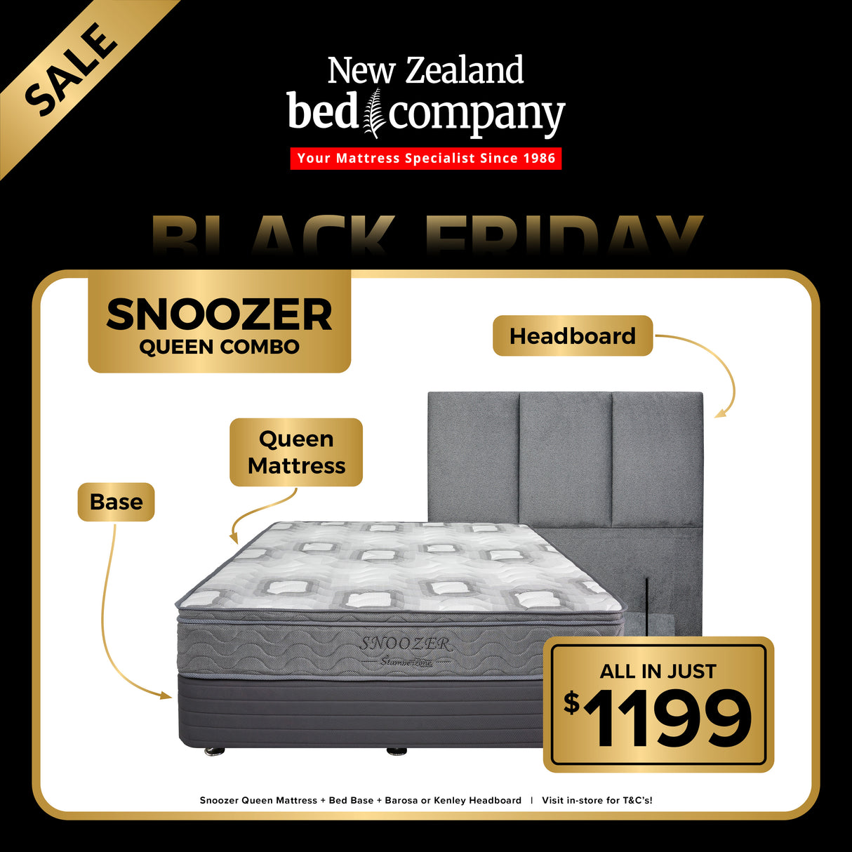 Snoozer Queen Combo: Mattress + Base + Headboard