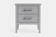 A light gray two-drawer nightstand with slim silver metal handles, shown from a front-facing perspective on a clean white background.