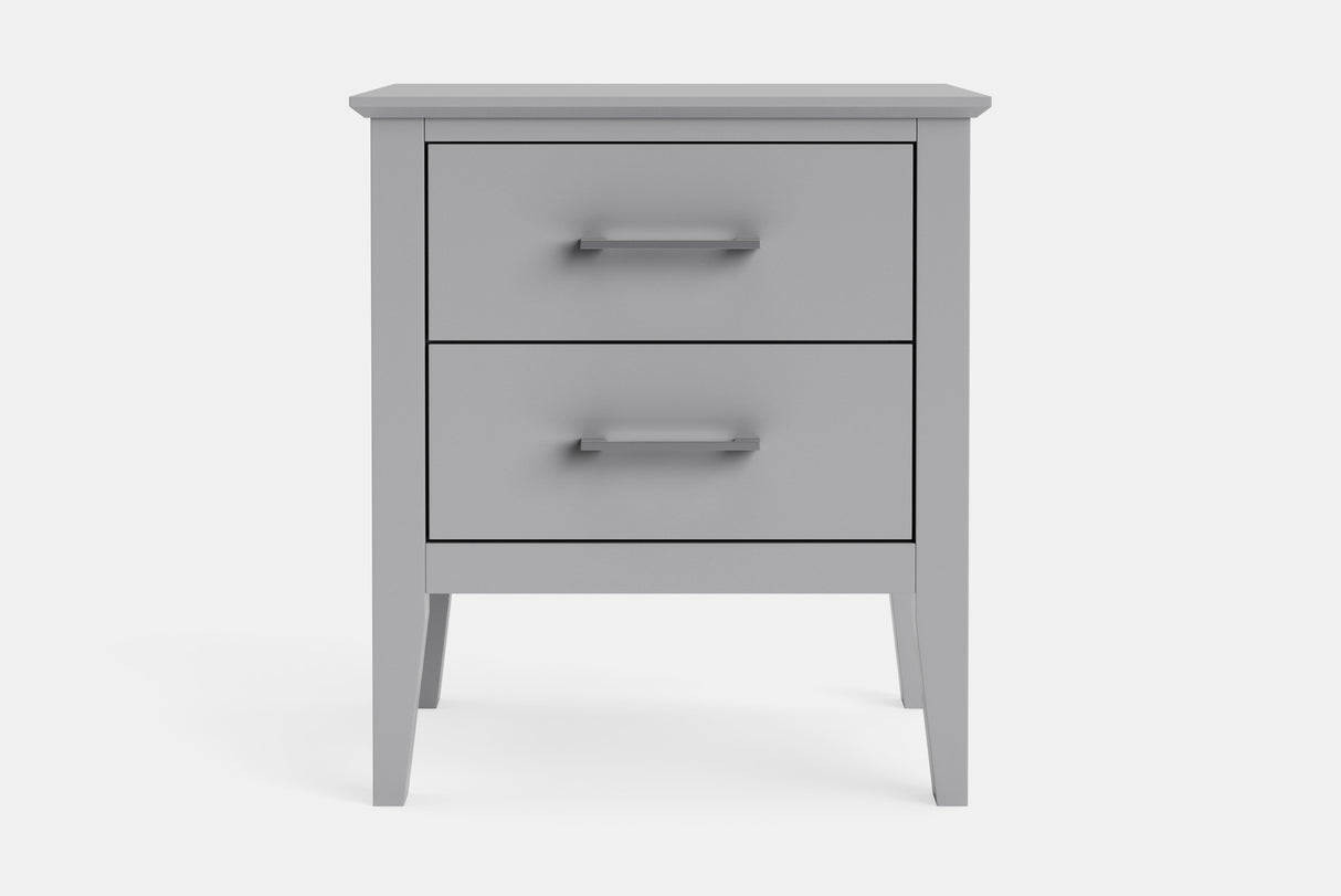 A light gray two-drawer nightstand with slim silver metal handles, shown from a front-facing perspective on a clean white background.