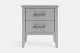 A light gray two-drawer nightstand with slim silver metal handles, shown from a front-facing perspective on a clean white background.