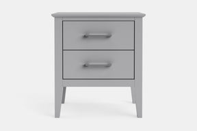 A light gray two-drawer nightstand with slim silver metal handles, shown from a front-facing perspective on a clean white background.