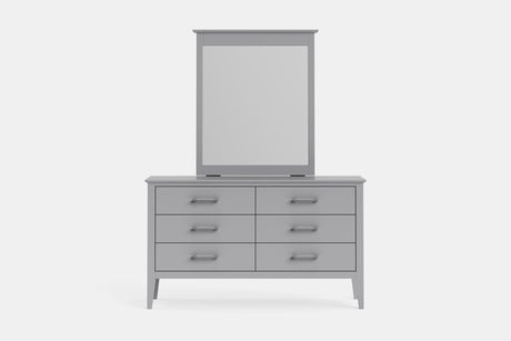 A light gray wooden dresser with six drawers and a matching rectangular mirror mounted above, shown against a plain light gray background.