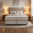 Beige mattress with 'Comfyzzz' branding in a bedroom setting.
