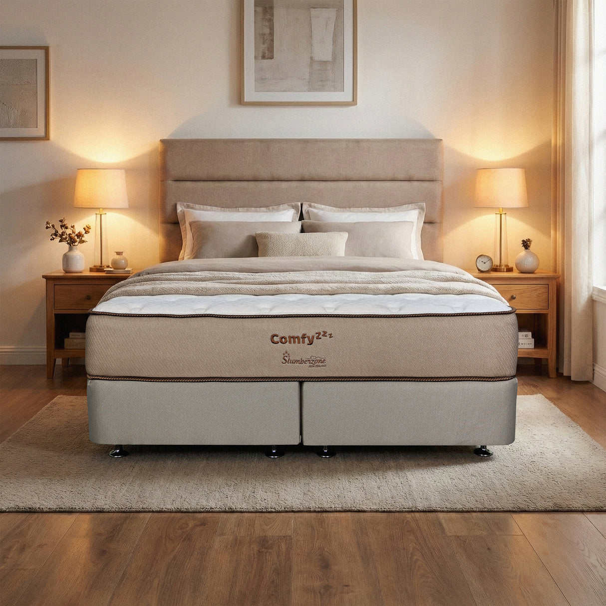 Beige mattress with 'Comfyzzz' branding in a bedroom setting.