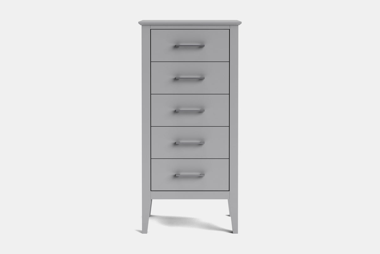 A tall, narrow five-drawer chest of drawers in a light gray finish, featuring slim horizontal silver handles and tapered legs, shown against a plain light gray background.