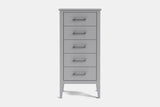 A tall, narrow five-drawer chest of drawers in a light gray finish, featuring slim horizontal silver handles and tapered legs, shown against a plain light gray background.