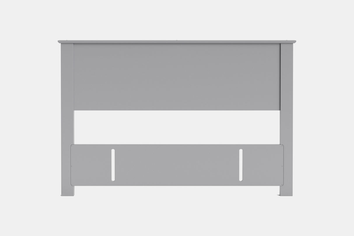 A modern gray wooden headboard with a wide horizontal center panel and two vertical side posts, shown against a plain light gray background.
