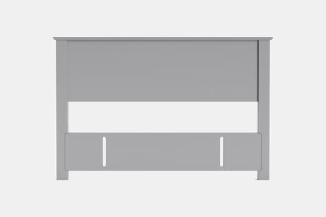 A modern gray wooden headboard with a wide horizontal center panel and two vertical side posts, shown against a plain light gray background.