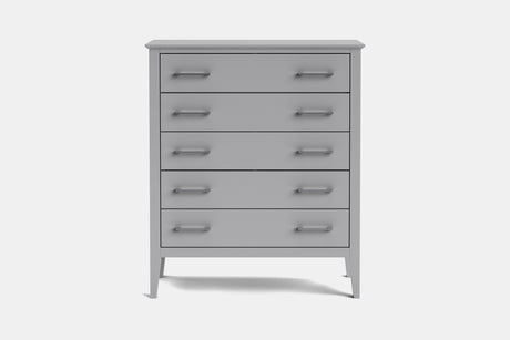 A light gray 5-drawer chest of drawers with slim, horizontal metallic handles and tapered legs, shown against a plain light gray background.