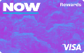 Visa card with 'NOW Rewards' text on a purple and blue gradient background