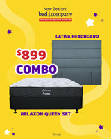 Relaxon Queen Mattress and Base Set and Lativa Headboard (Mattress In Box)