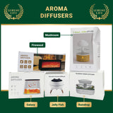 Promotional image of Aroma Diffusers with packaging and product images on a green background.