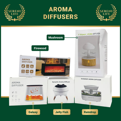 Promotional image of Aroma Diffusers with packaging and product images on a green background.