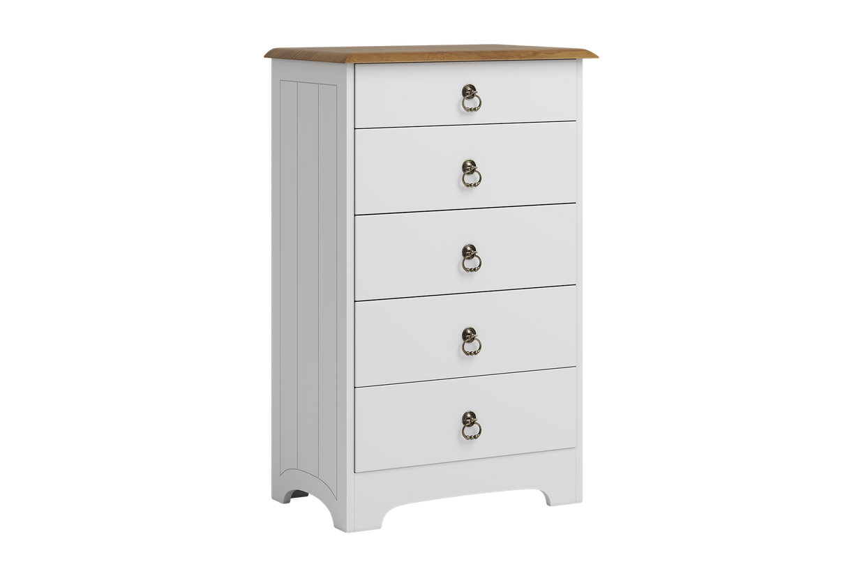 A five-drawer chest of drawers in white with a natural light brown wood top and silver metal ring pulls, shown against a plain white background.