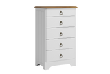 A five-drawer chest of drawers in white with a natural light brown wood top and silver metal ring pulls, shown against a plain white background.