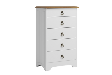 A five-drawer chest of drawers in white with a natural light brown wood top and silver metal ring pulls, shown against a plain white background.