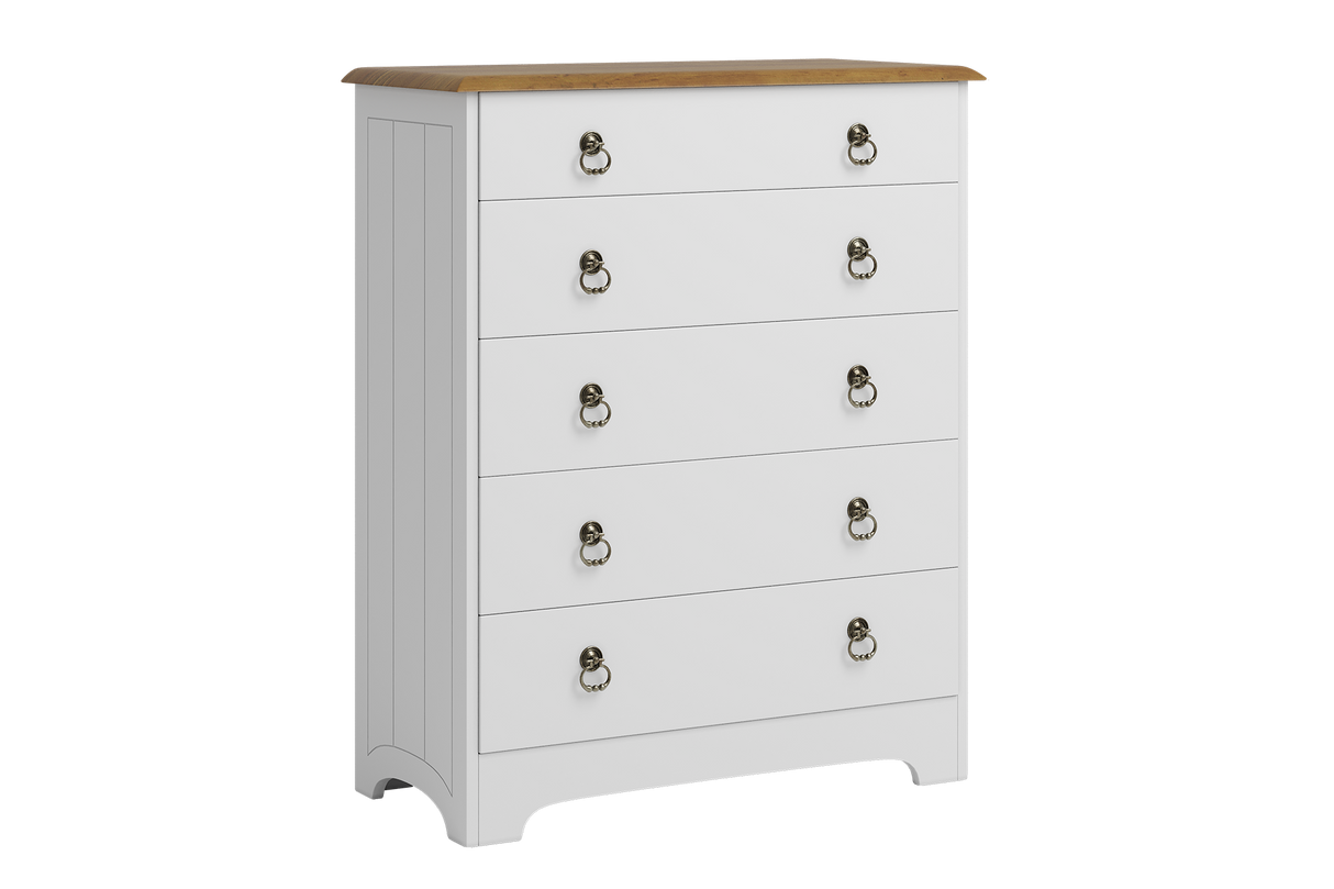 A white five-drawer chest of drawers with a natural wood top and silver metal ring pulls, shown against a plain white background.