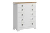 A white five-drawer chest of drawers with a natural wood top and silver metal ring pulls, shown against a plain white background.