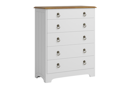 A white five-drawer chest of drawers with a natural wood top and silver metal ring pulls, shown against a plain white background.