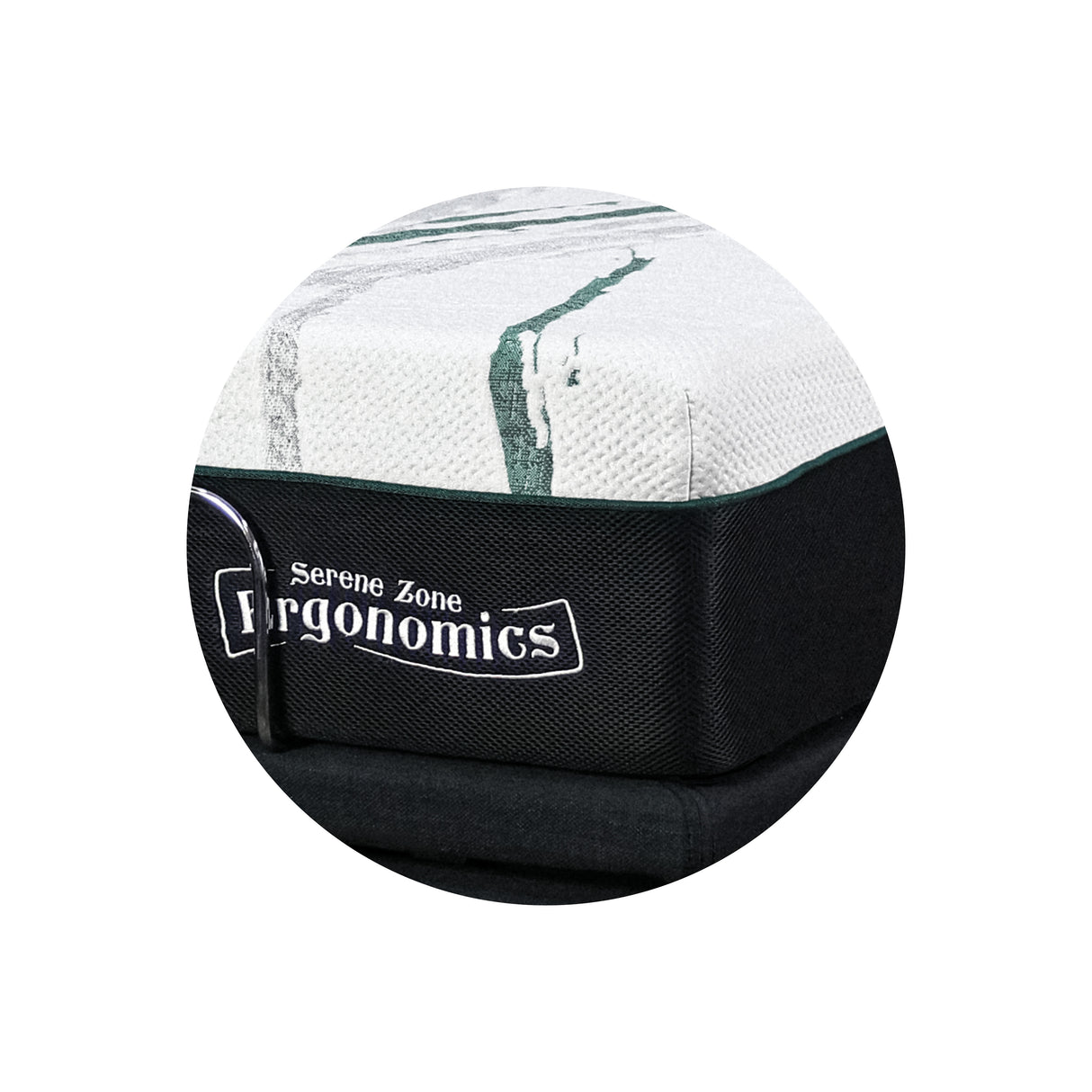 White and black ergonomic ball with 'Serene Zone Ergonomics' branding on a white background and mattress shown in close up.