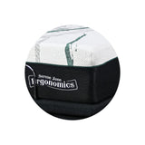 White and black ergonomic ball with 'Serene Zone Ergonomics' branding on a white background and mattress shown in close up.