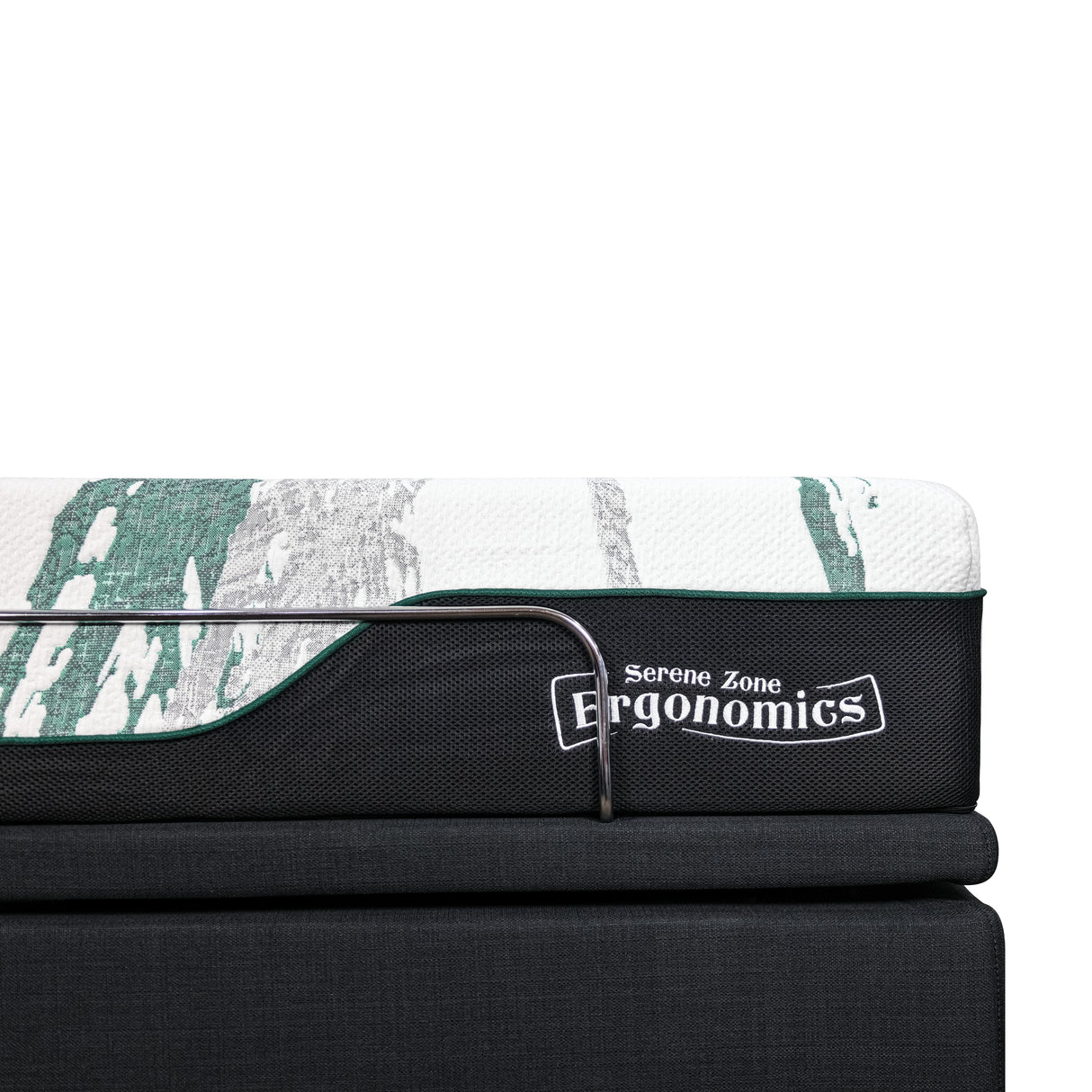 Mattress with 'Serene Zone Ergonomics' branding on a white background in close up.
