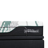 Mattress with 'Serene Zone Ergonomics' branding on a white background in close up.