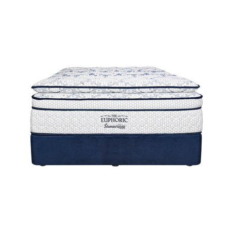 Blue and white mattress with 'The Euphoric' brand on a white background