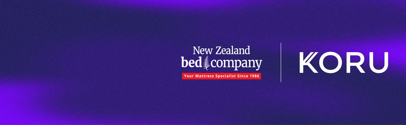 New Zealand Bed Company logo with KORU on a purple gradient background