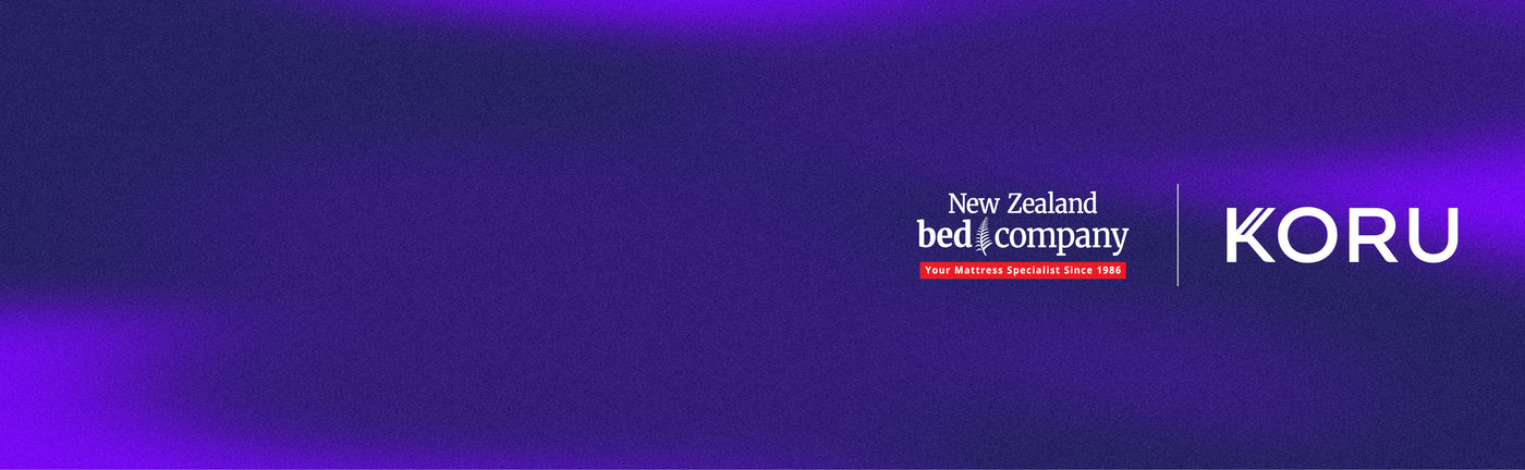 New Zealand Bed Company and Koru logos showcasing their partnership on a purple background.