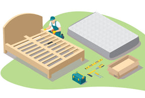 Vector illustration of a bed frame assembly kit with a wooden bed frame, a mattress, tools, and a worker assembling the frame, set against a green and white background.
